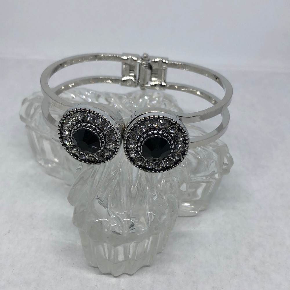 SILVER tone bejeweled dressy trendy interchangeable medallion clamper bracelet.